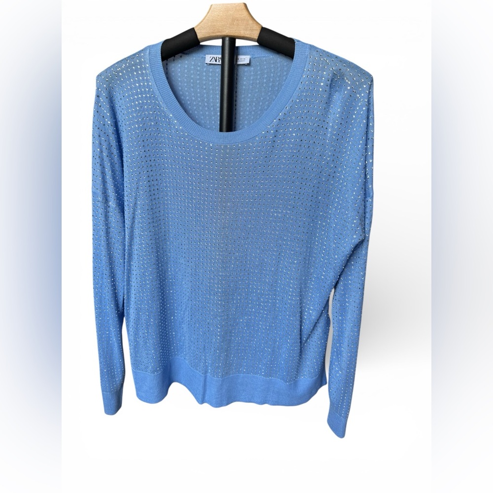 Zara Blue Long Sleeve Rhinestone Shirt Sweater size XL